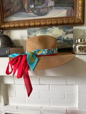 Vince Camuto Straw Hat with Festing Twilly & Red Scarf accents